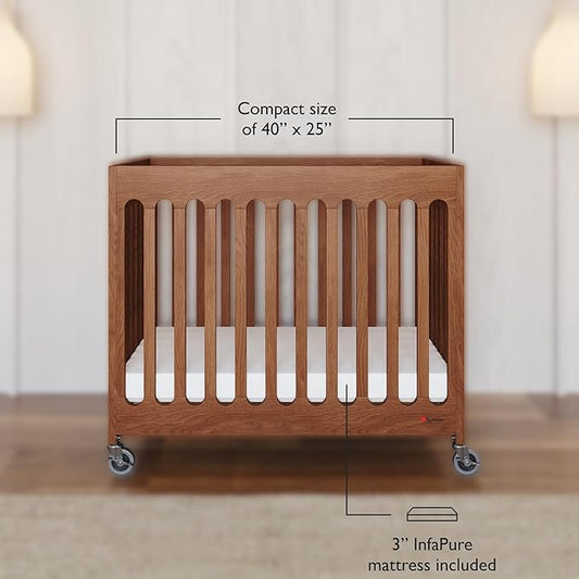 Foundations Boutique Folding Mini Baby Crib - Compact, Portable, Wooden Hotel Crib, Foldable Compact Cribs for Baby & Toddlers - Includes 3" Foam Mattress - Cherry