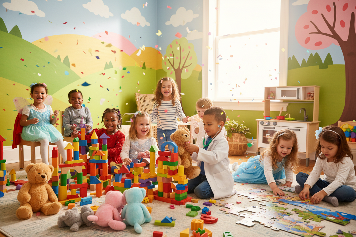 A bright, playful scene featuring a variety of toys: building blocks, plush animals, role-playing sets, and puzzles. Children are happily engaged in play, showing creativity and fun. The background is colorful, cheerful, and inviting, evoking the excitement of a toy-filled world.