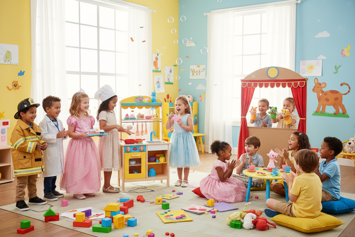 A playful scene with children using play kitchens, costumes, puppets, and dolls, showing them role-playing and having fun together.