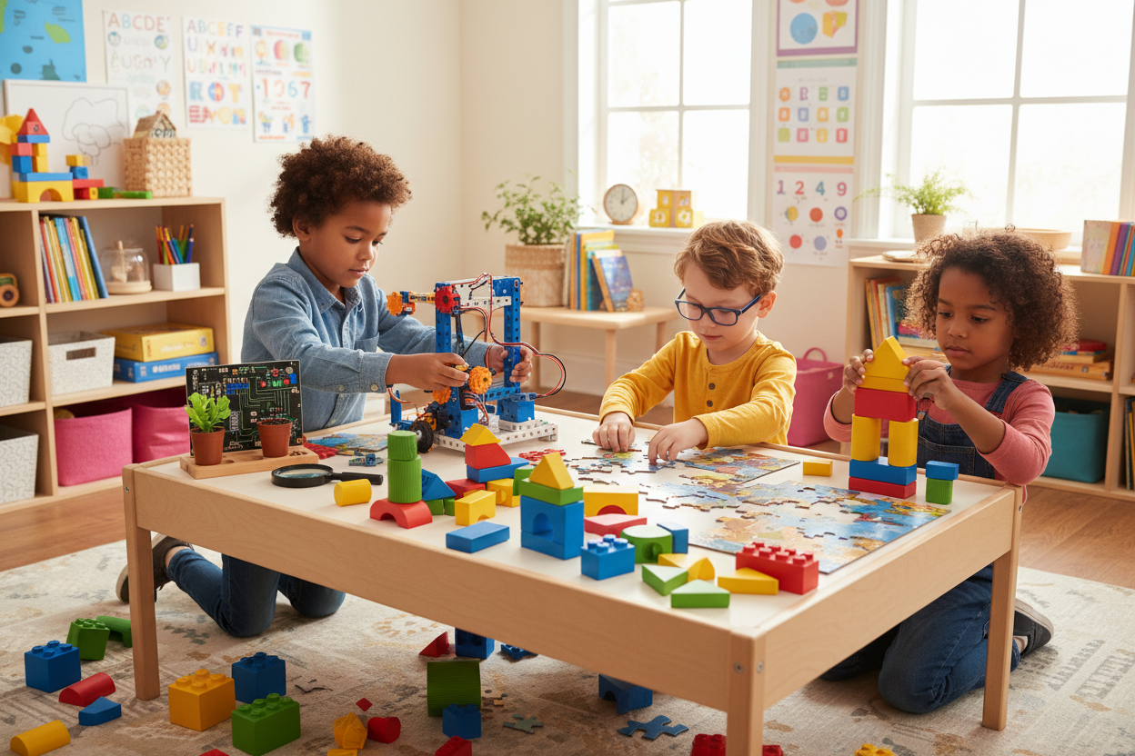 Brightly colored building blocks, STEM kits, and puzzles arranged on a play table, with children actively engaged in learning and problem-solving.
