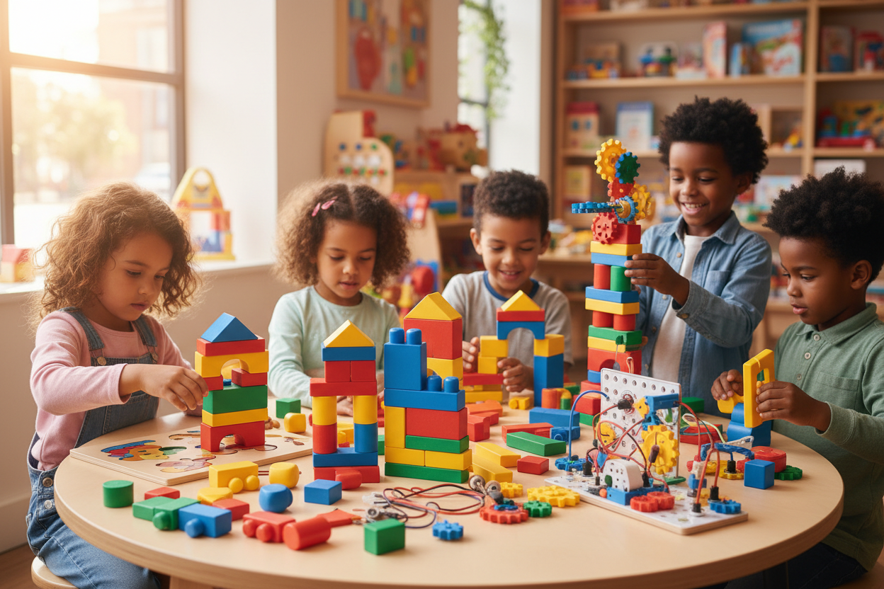 Brightly colored building blocks, STEM kits, and puzzles arranged on a play table, with children engaged in hands-on learning. 